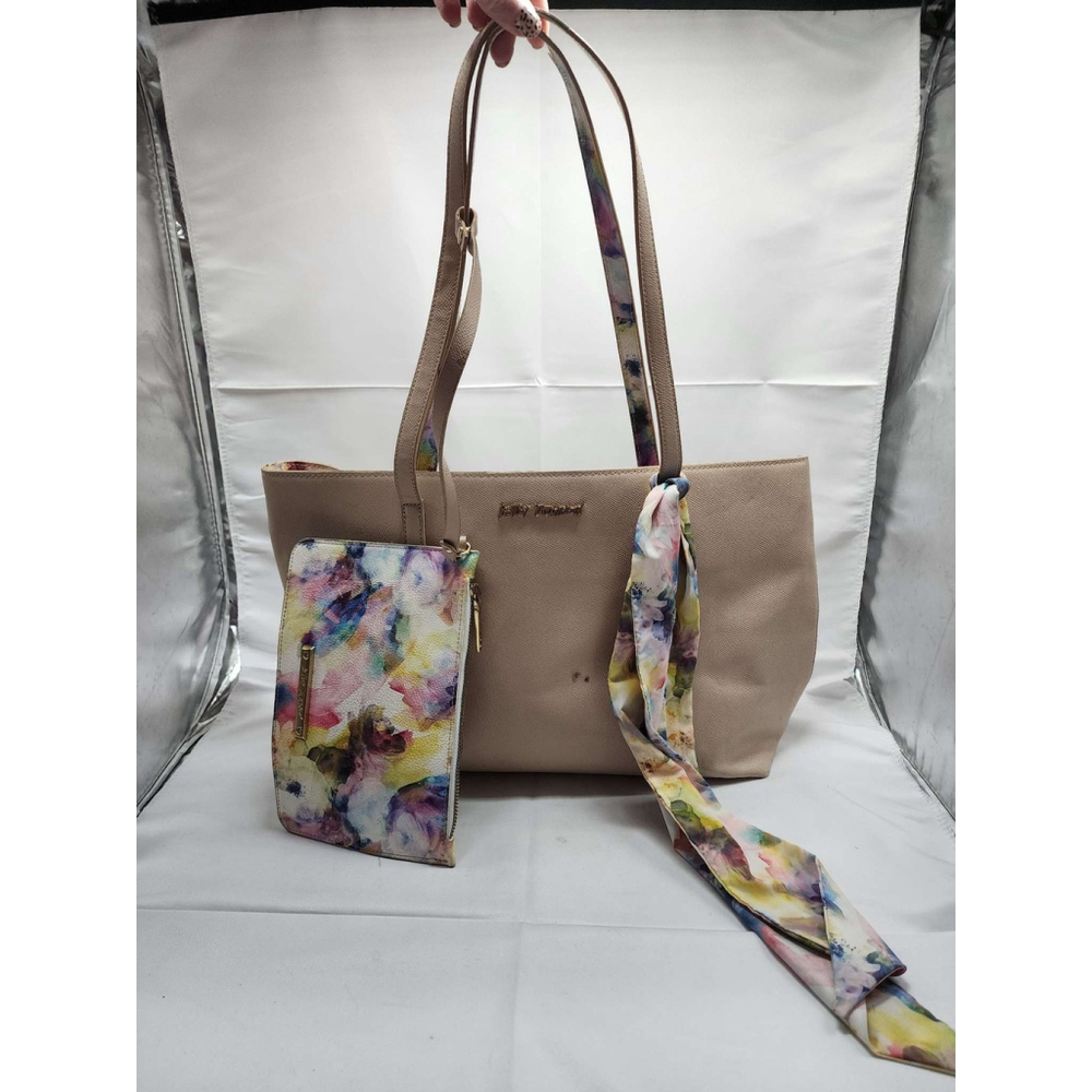Betsey Johnson Tote Bag with Matching Wallet Floral Scarf Detail Nude Tan Used